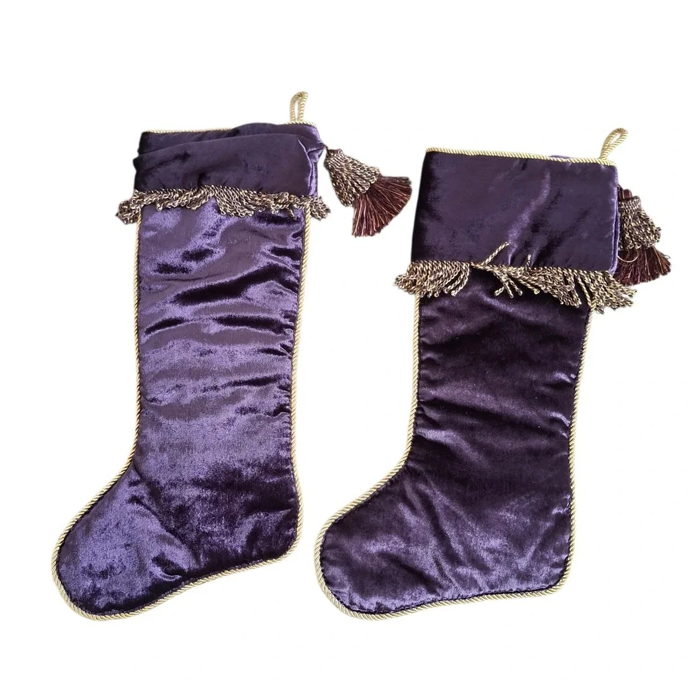 3pc Victorian Style Christmas Set Purple Velvet Tree Skirt &‎ 2 Stockings Tassel